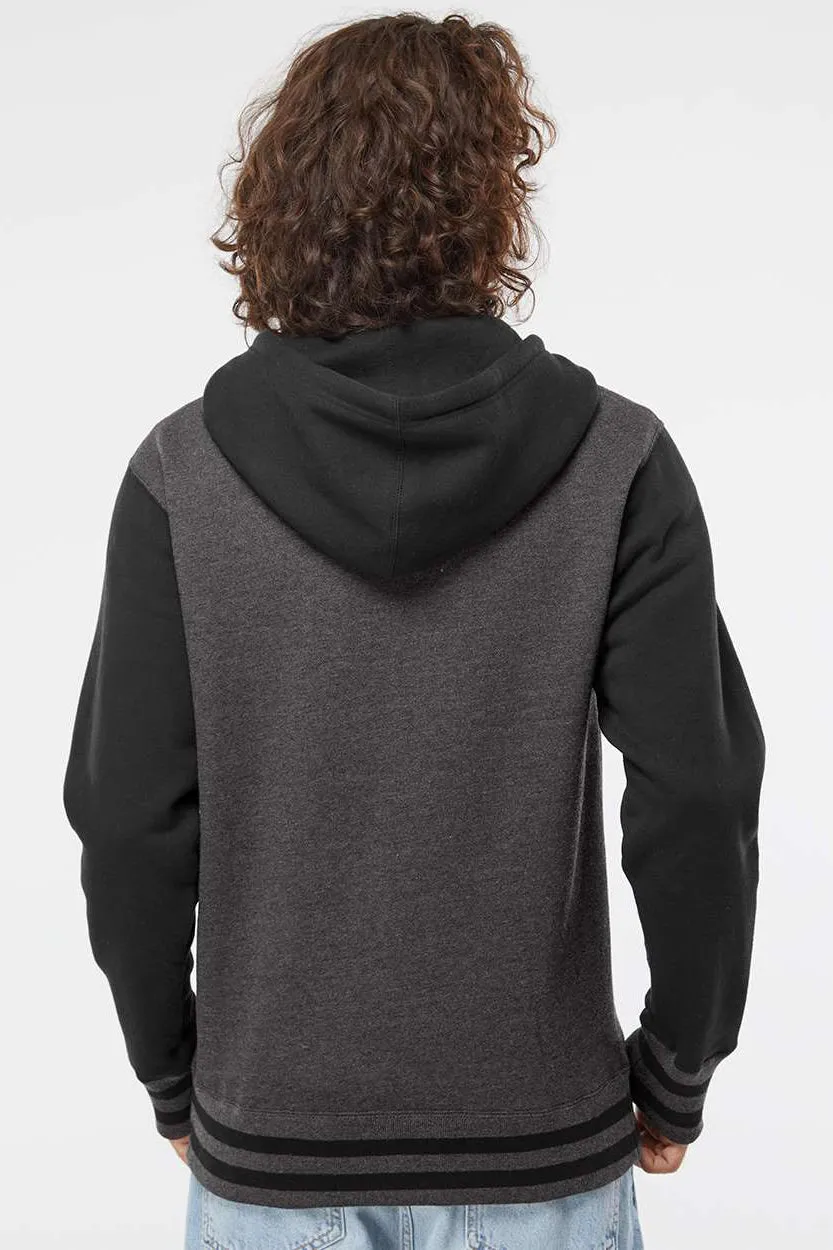 Independent Trading Company Mens Varsity Full Zip Hooded Sweatshirt Hoodie w/ Pockets - Heather Charcoal Grey/Black