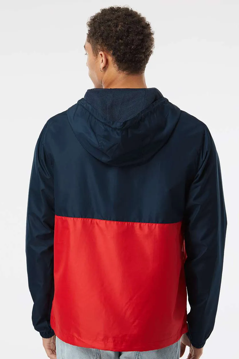 Independent Trading Company Mens Water Resistant 1/4 Zip Windbreaker Hooded Jacket - Classic Navy Blue/Red