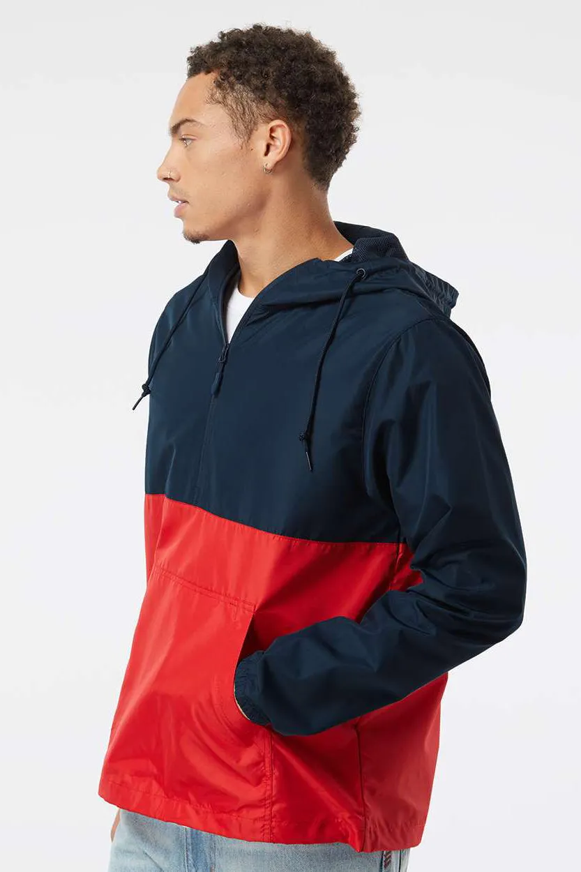 Independent Trading Company Mens Water Resistant 1/4 Zip Windbreaker Hooded Jacket - Classic Navy Blue/Red