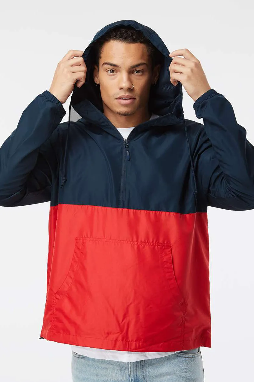Independent Trading Company Mens Water Resistant 1/4 Zip Windbreaker Hooded Jacket - Classic Navy Blue/Red