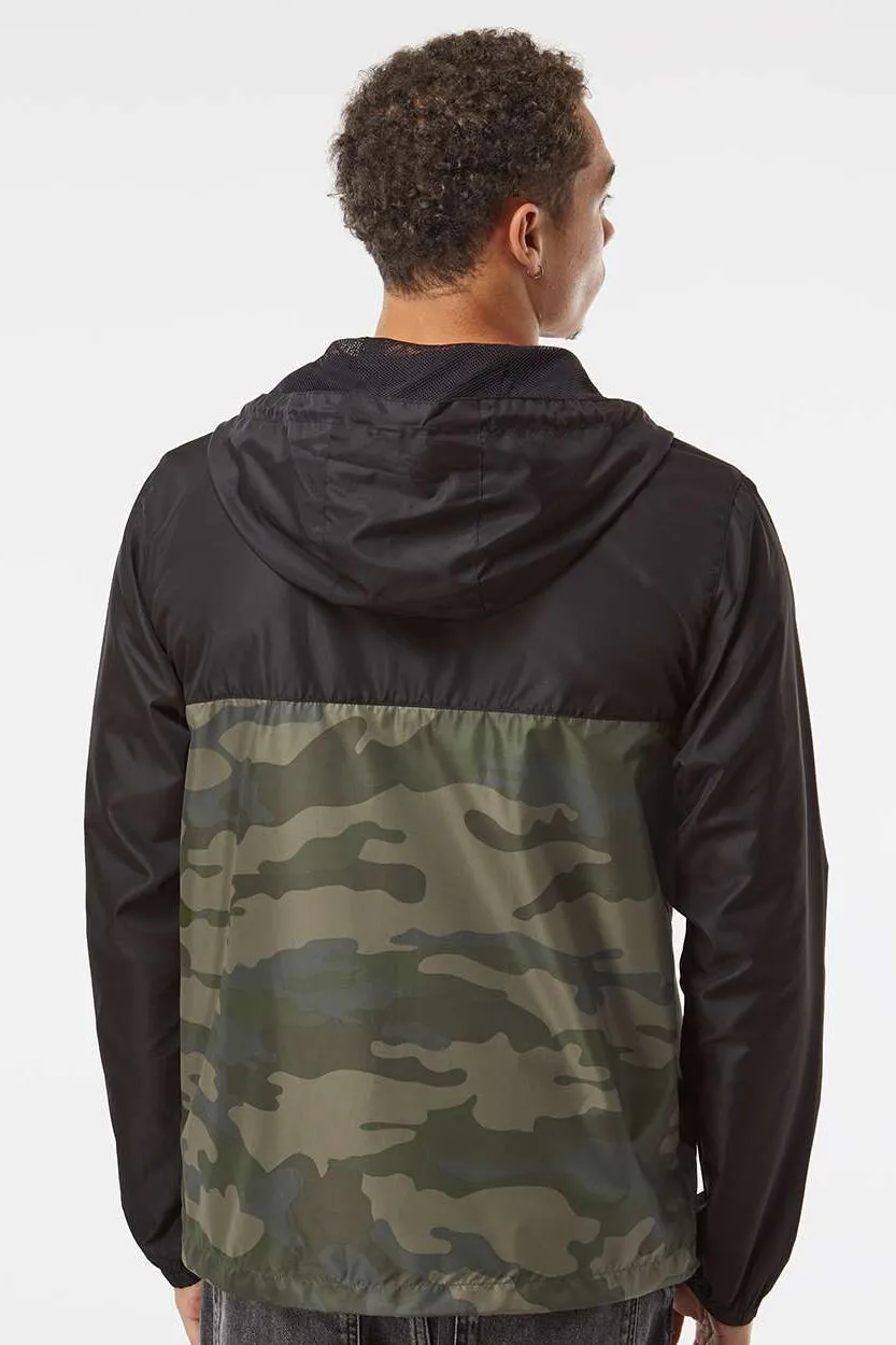 Independent Trading Company Mens Water Resistant Full Zip Windbreaker Hooded Jacket - Black/Forest Green Camo
