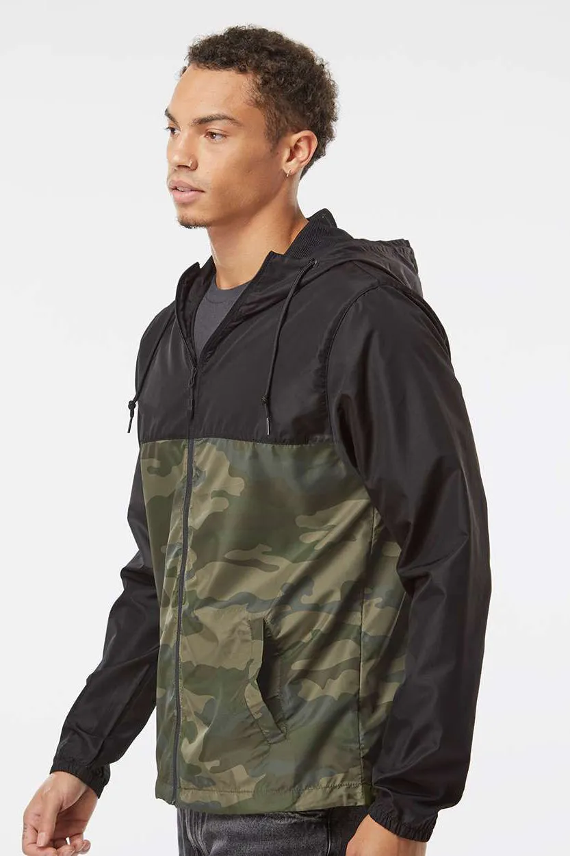 Independent Trading Company Mens Water Resistant Full Zip Windbreaker Hooded Jacket - Black/Forest Green Camo