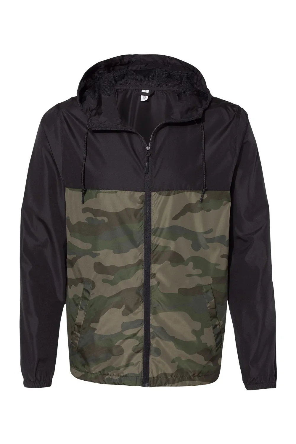Independent Trading Company Mens Water Resistant Full Zip Windbreaker Hooded Jacket - Black/Forest Green Camo