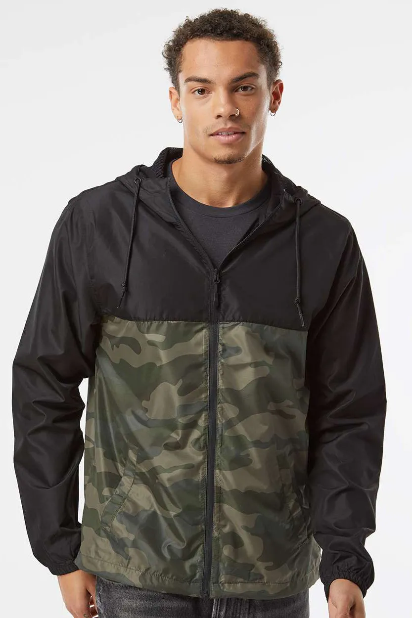 Independent Trading Company Mens Water Resistant Full Zip Windbreaker Hooded Jacket - Black/Forest Green Camo