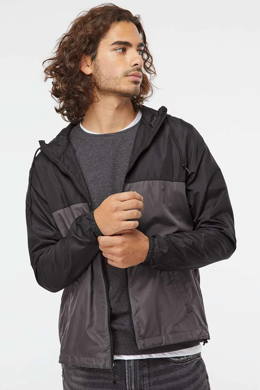 Independent Trading Company Mens Water Resistant Full Zip Windbreaker Hooded Jacket - Black/Graphite Grey