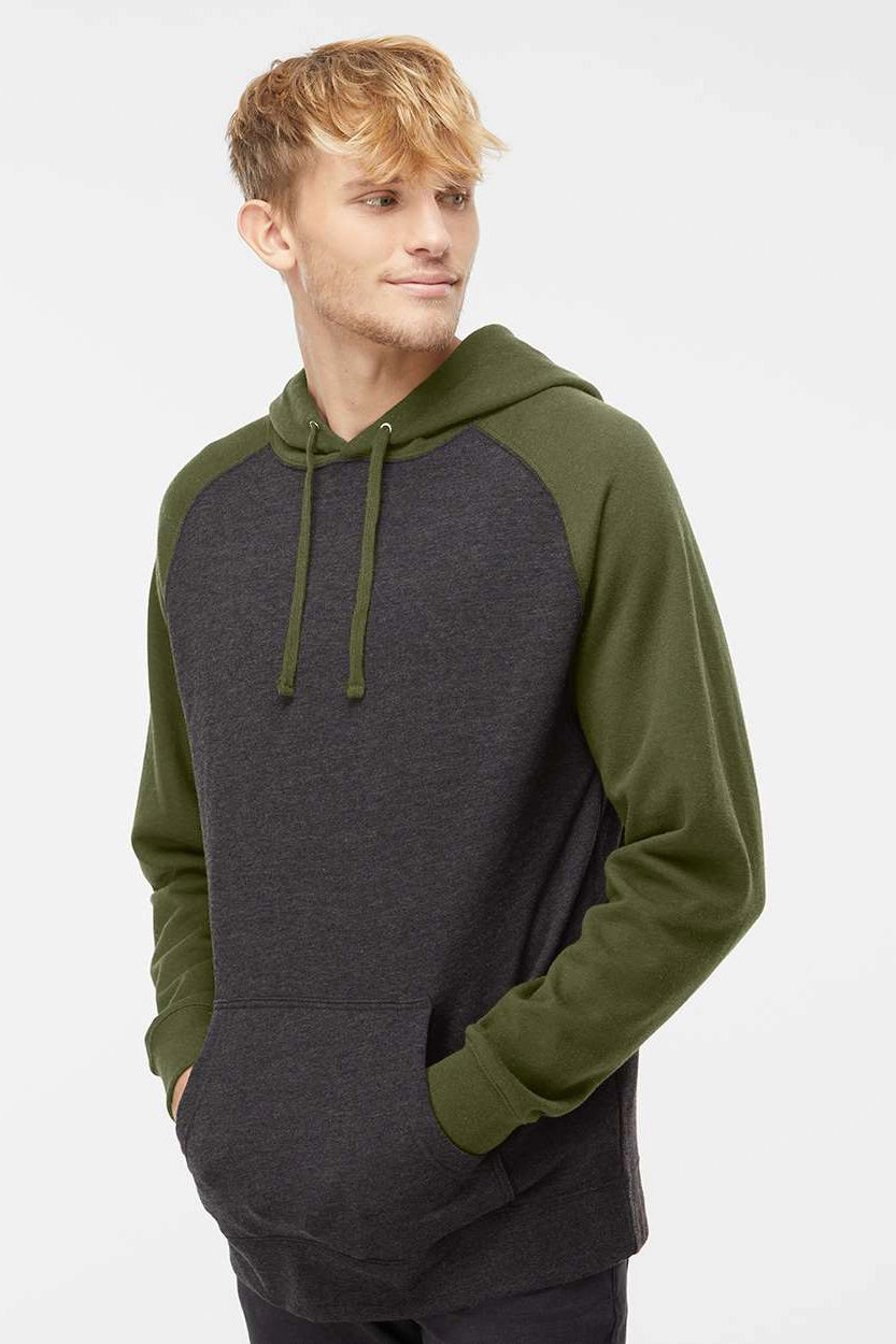 Independent Trading Company Mens Raglan Hooded Sweatshirt Hoodie w/ Pouch Pockets - Heather Charcoal Grey/Heather Army Green