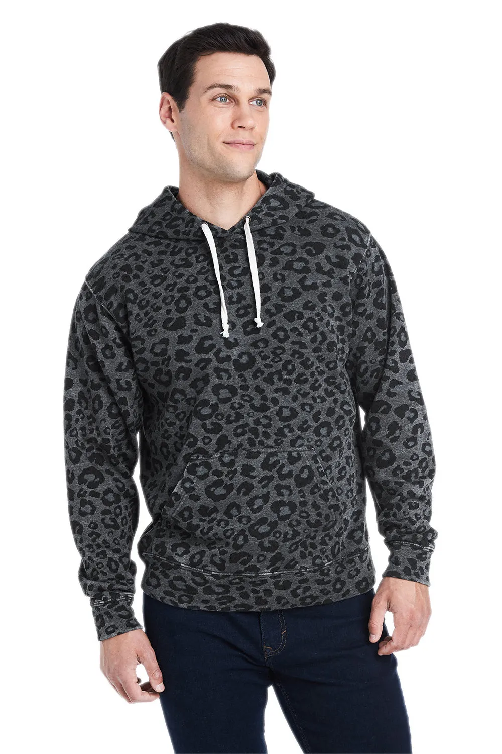 J America Mens Fleece Hooded Sweatshirt Hoodie w/ Pouch Pocket - Black Leopard