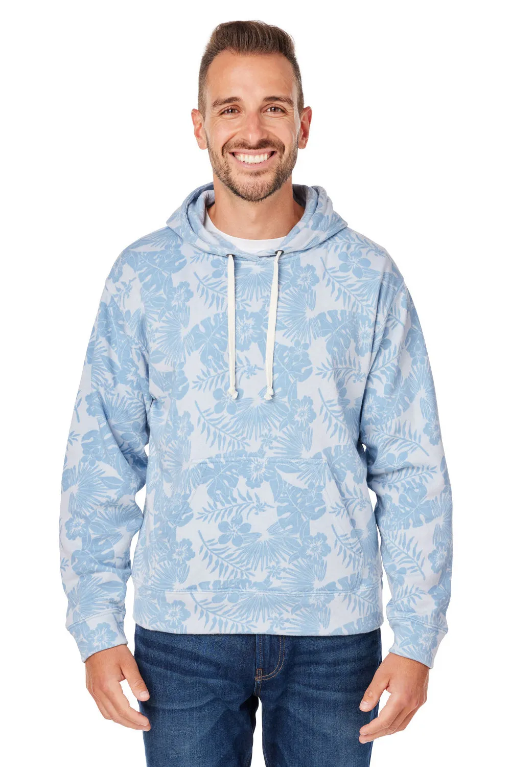 J America Mens Fleece Hooded Sweatshirt Hoodie w/ Pouch Pocket - Chambray Blue Aloha - Closeout