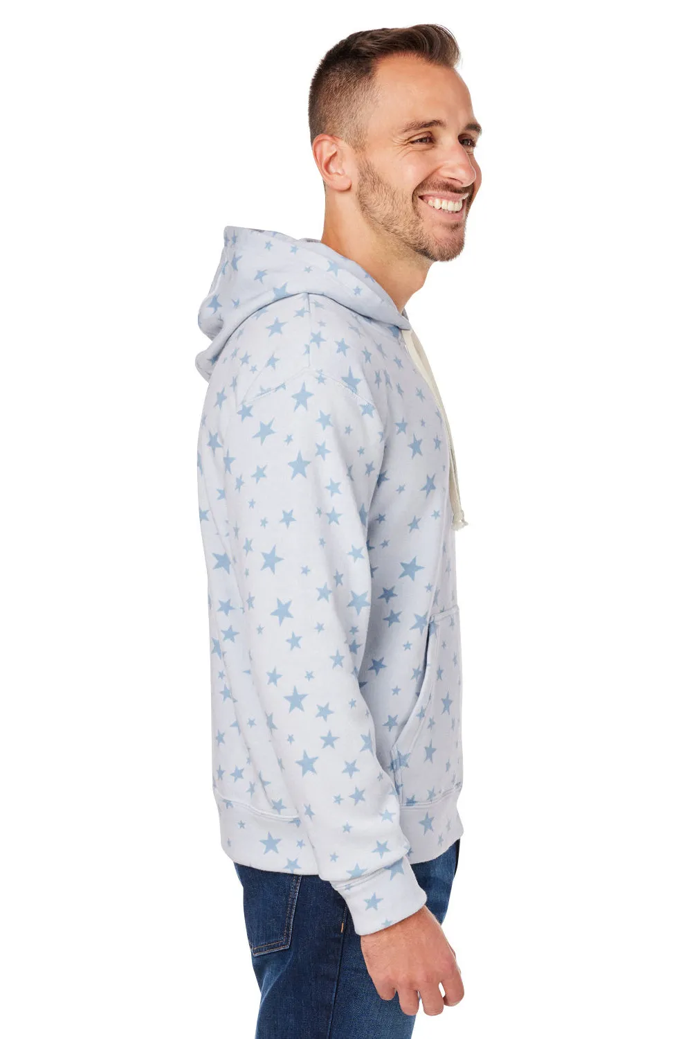 J America Mens Fleece Hooded Sweatshirt Hoodie w/ Pouch Pocket - Chambray Blue Stars - Closeout