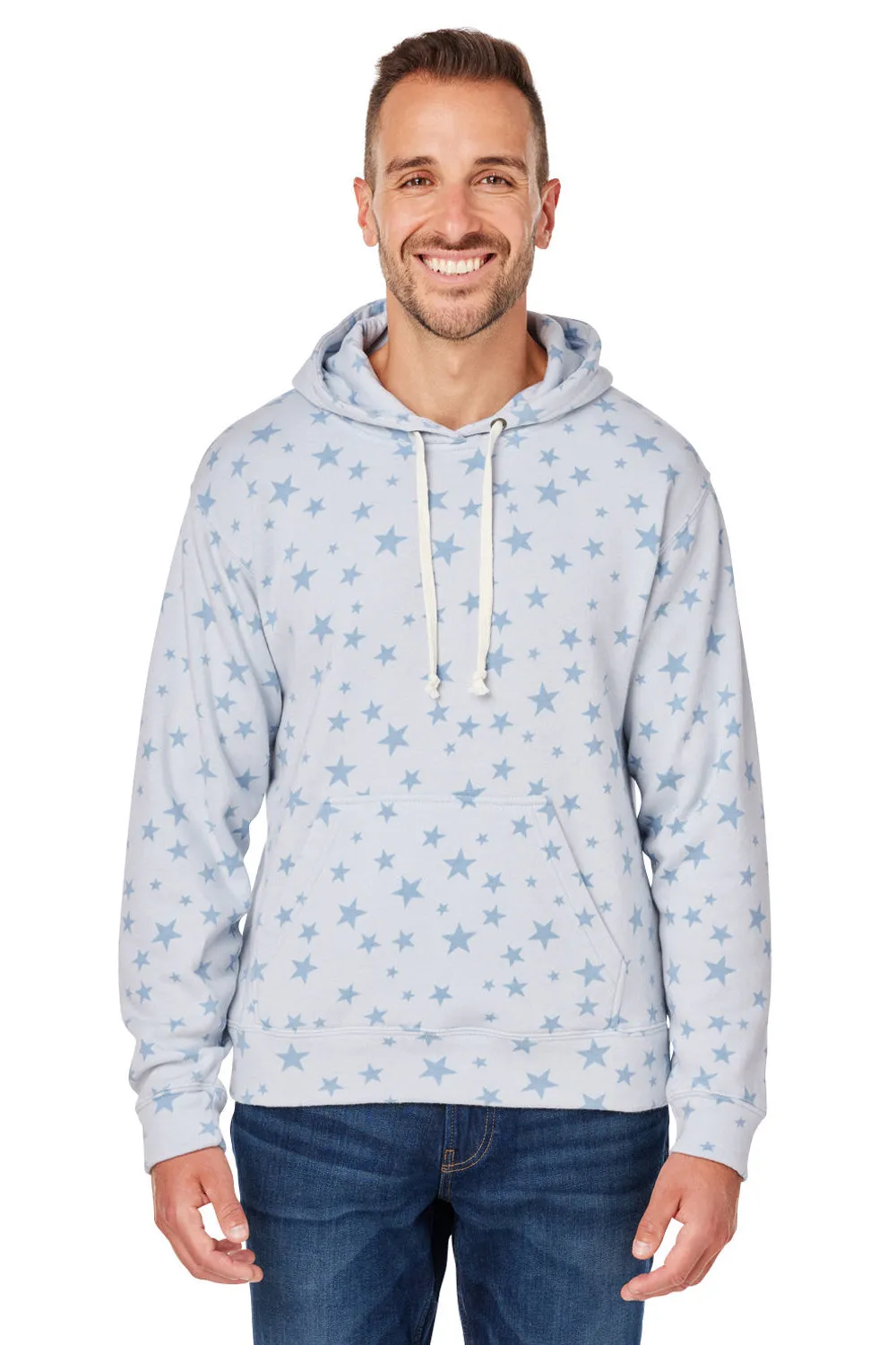 J America Mens Fleece Hooded Sweatshirt Hoodie w/ Pouch Pocket - Chambray Blue Stars - Closeout