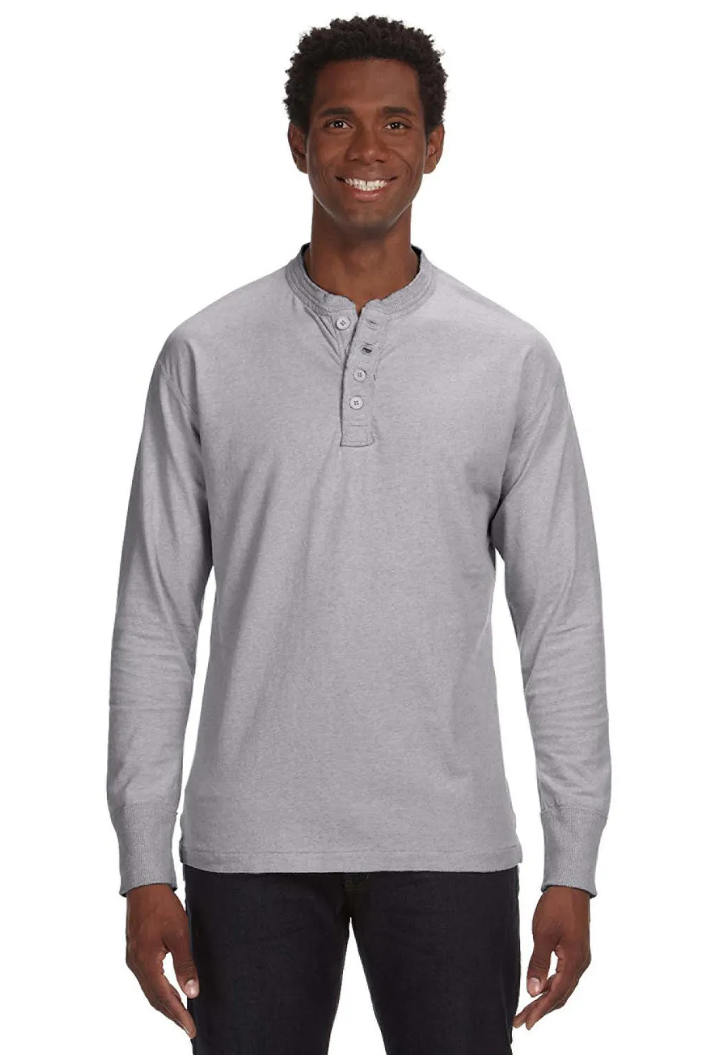 J America Mens Vintage Brushed Jersey Long Sleeve Henley T-Shirt - Oxford Grey