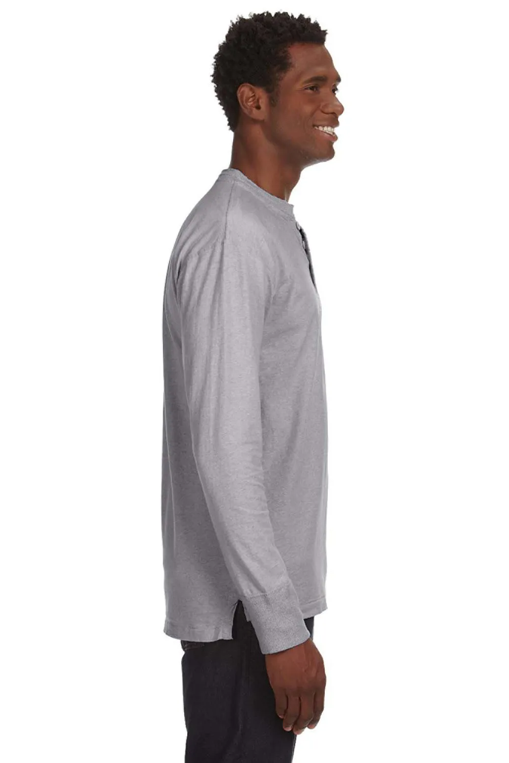J America Mens Vintage Brushed Jersey Long Sleeve Henley T-Shirt - Oxford Grey