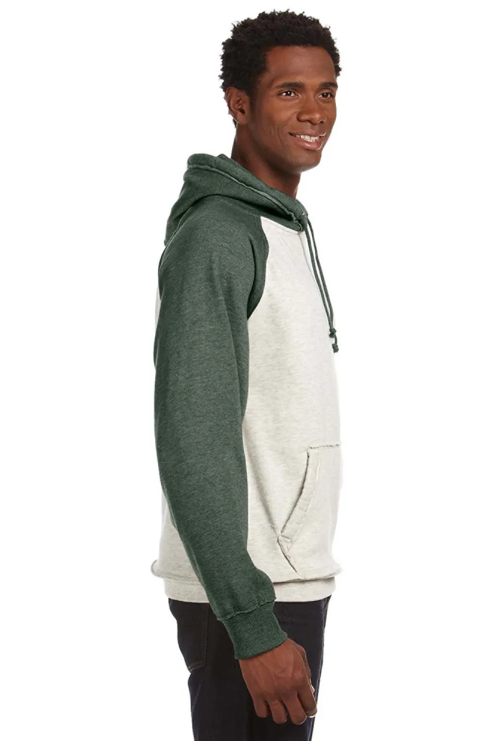 J America Mens Vintage Heather Hooded Sweatshirt Hoodie w/ Pouch Pocket - Oatmeal/Army Green
