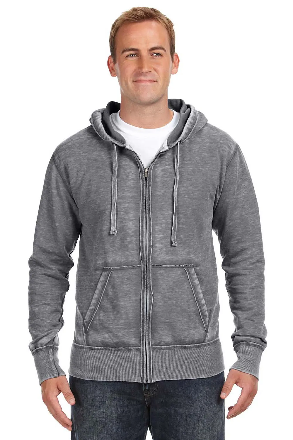 J America Mens Vintage Zen Burnout Fleece Full Zip Hooded Sweatshirt Hoodie w/ Pockets - Dark Smoke Grey