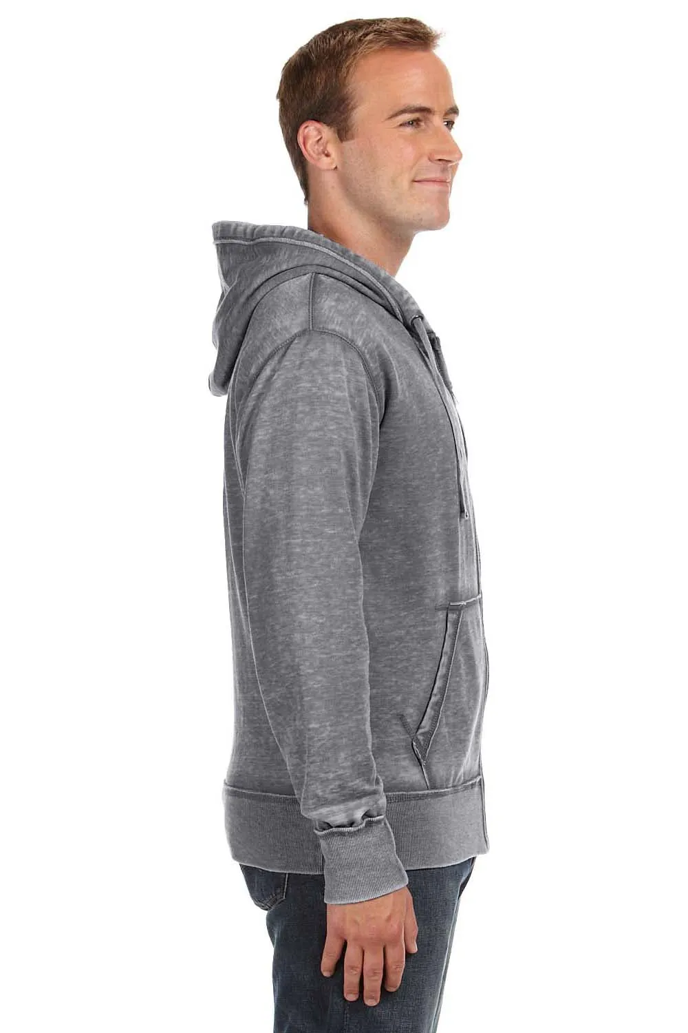 J America Mens Vintage Zen Burnout Fleece Full Zip Hooded Sweatshirt Hoodie w/ Pockets - Dark Smoke Grey