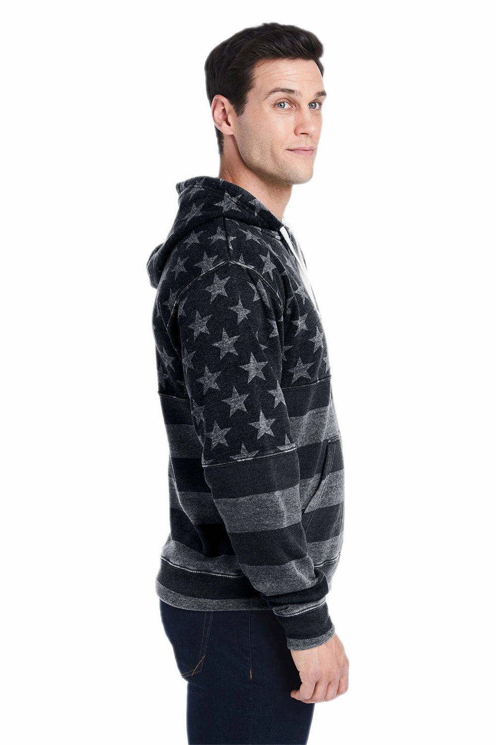 J America Mens Fleece Hooded Sweatshirt Hoodie w/ Pouch Pocket - Black Stars & Stripes