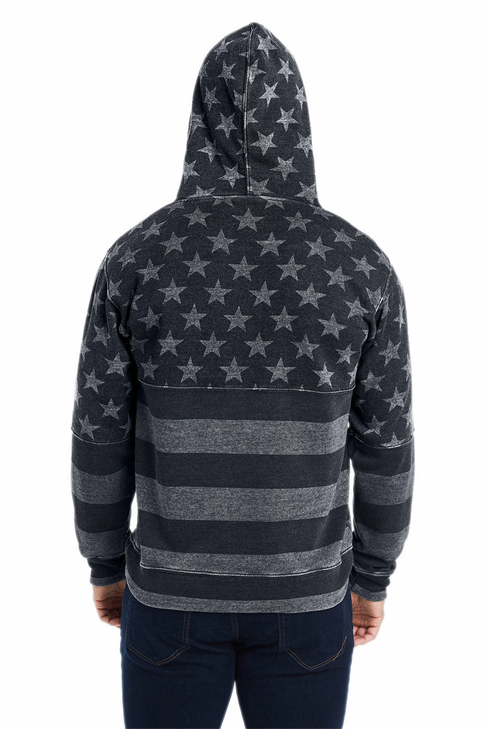 J America Mens Fleece Hooded Sweatshirt Hoodie w/ Pouch Pocket - Black Stars & Stripes