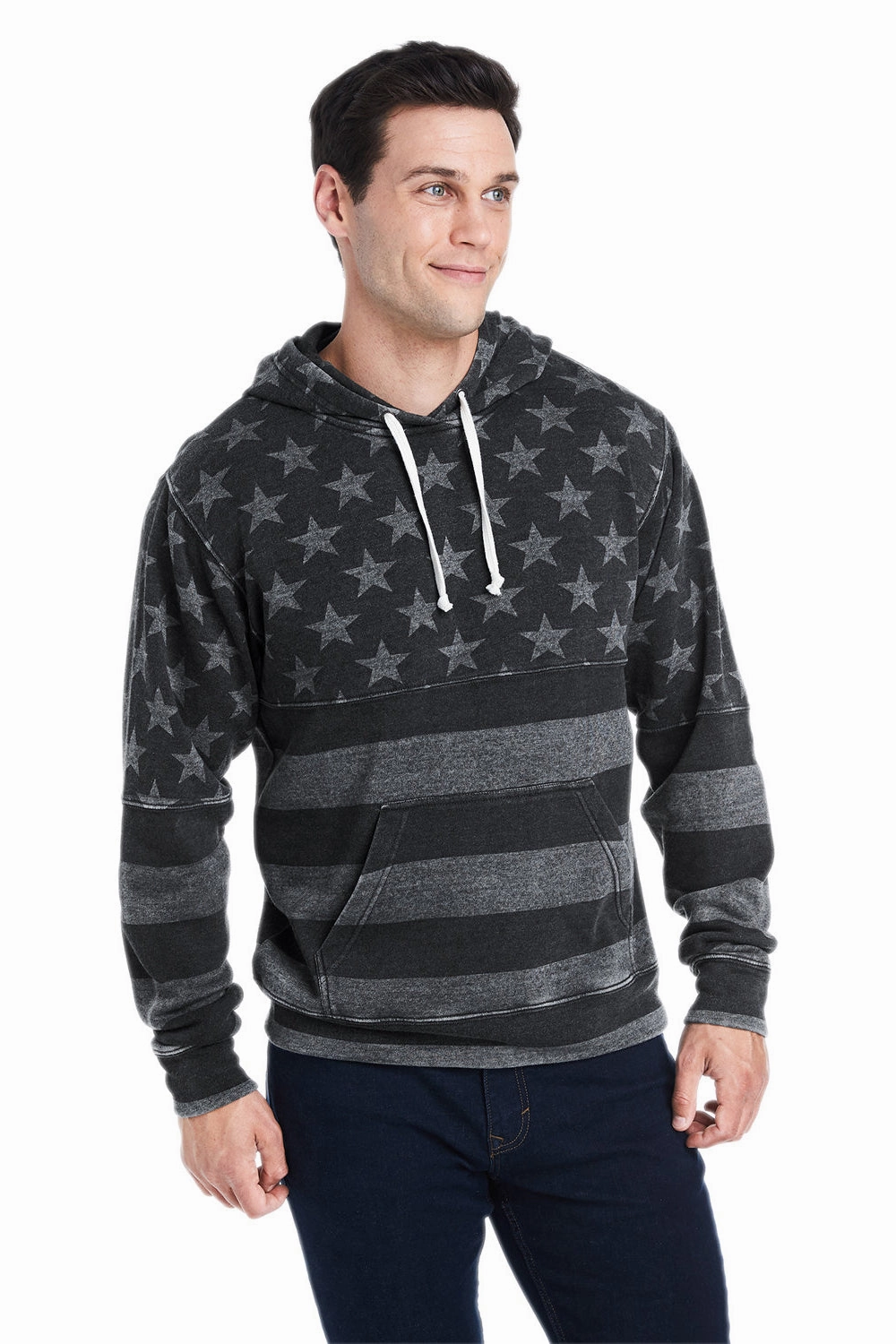 J America Mens Fleece Hooded Sweatshirt Hoodie w/ Pouch Pocket - Black Stars & Stripes