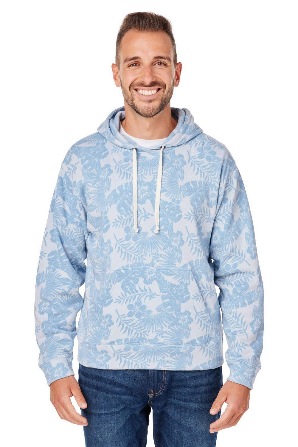 J America Mens Fleece Hooded Sweatshirt Hoodie w/ Pouch Pocket - Chambray Blue Aloha - Closeout