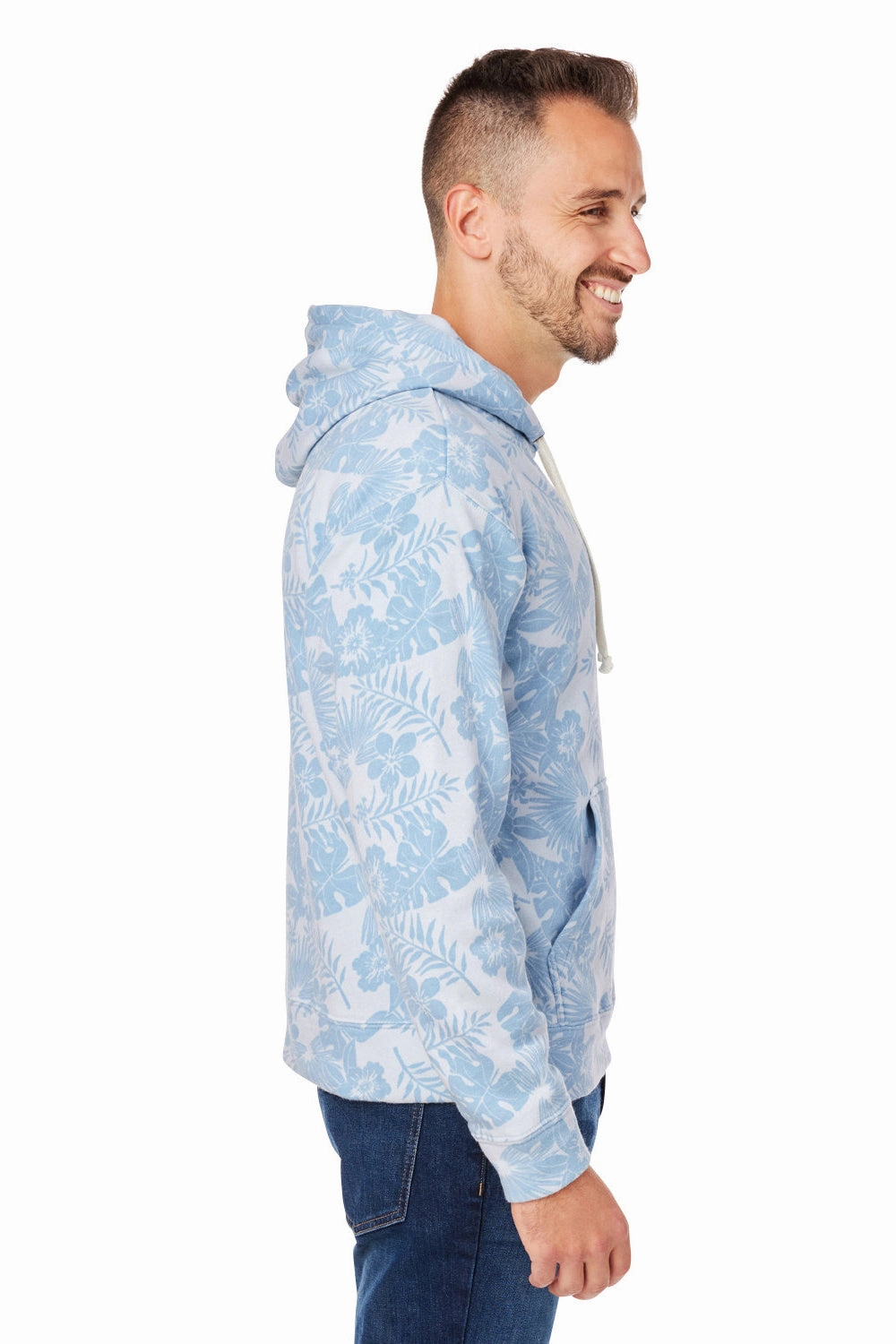 J America Mens Fleece Hooded Sweatshirt Hoodie w/ Pouch Pocket - Chambray Blue Aloha - Closeout