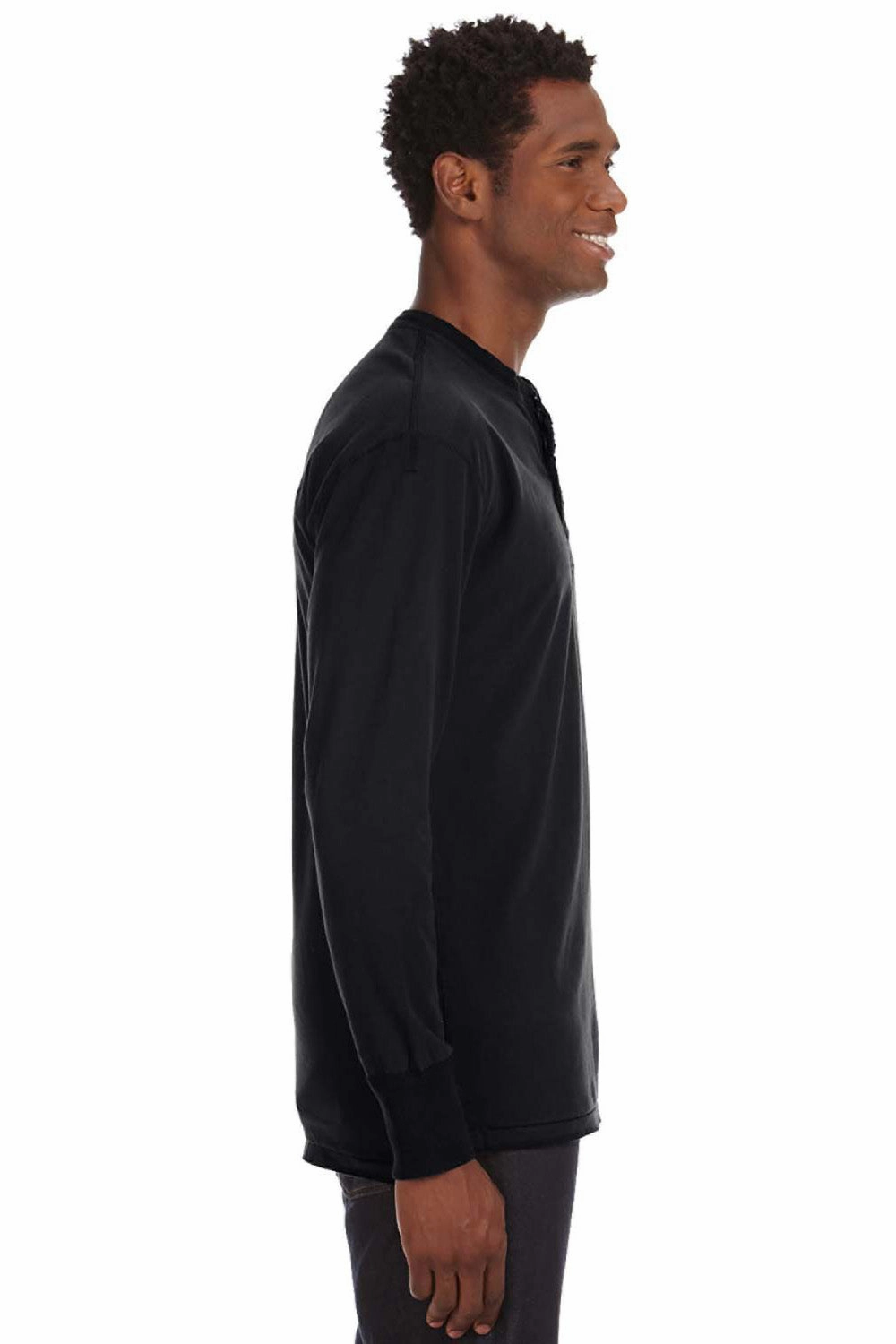 J America Mens Vintage Brushed Jersey Long Sleeve Henley T-Shirt - Black