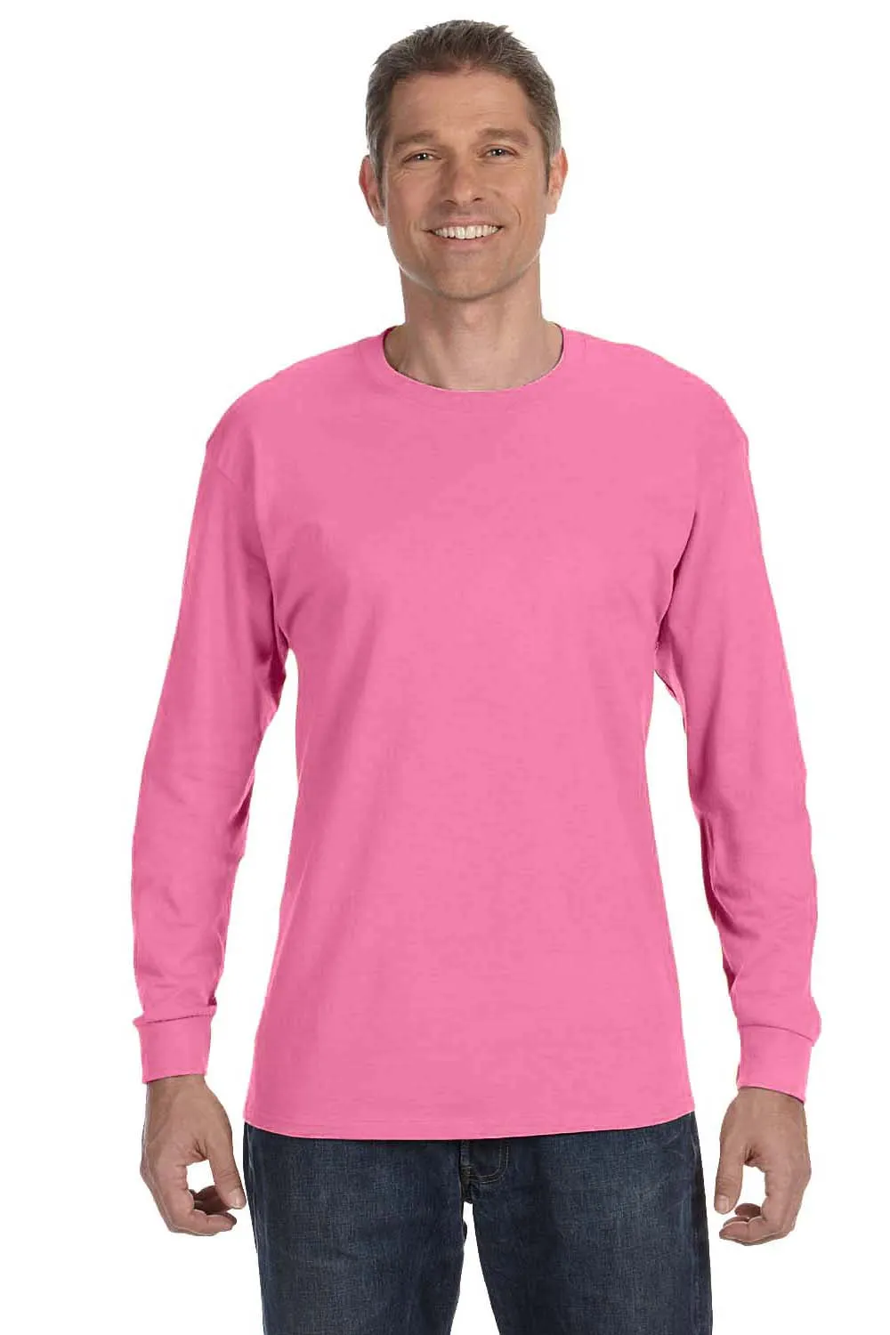Jerzees Mens Dri-Power Moisture Wicking Long Sleeve Crewneck T-Shirt - Neon Pink