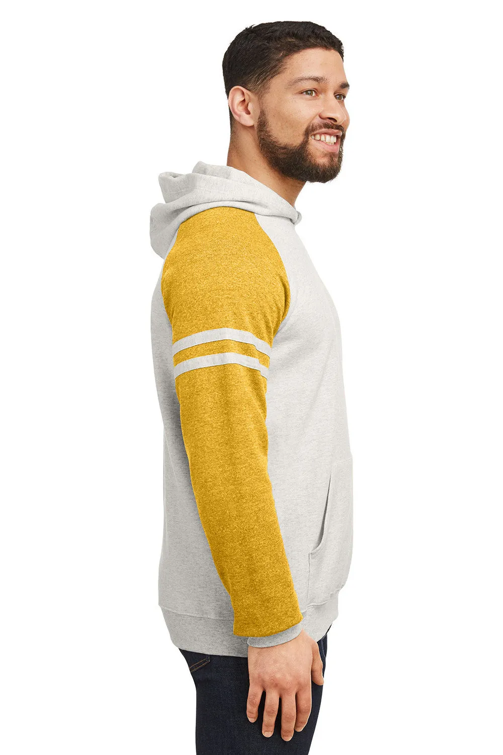 Jerzees Mens NuBlend Fleece Varsity Colorblock Hooded Sweatshirt Hoodie w/ Pouch Pocket - Heather Oatmeal/Mustard Yellow