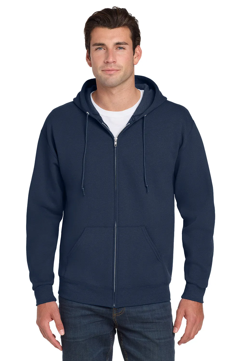 Jerzees Mens NuBlend Pill Resistant Fleece Full Zip Hooded Sweatshirt Hoodie w/ Pockets - Navy Blue