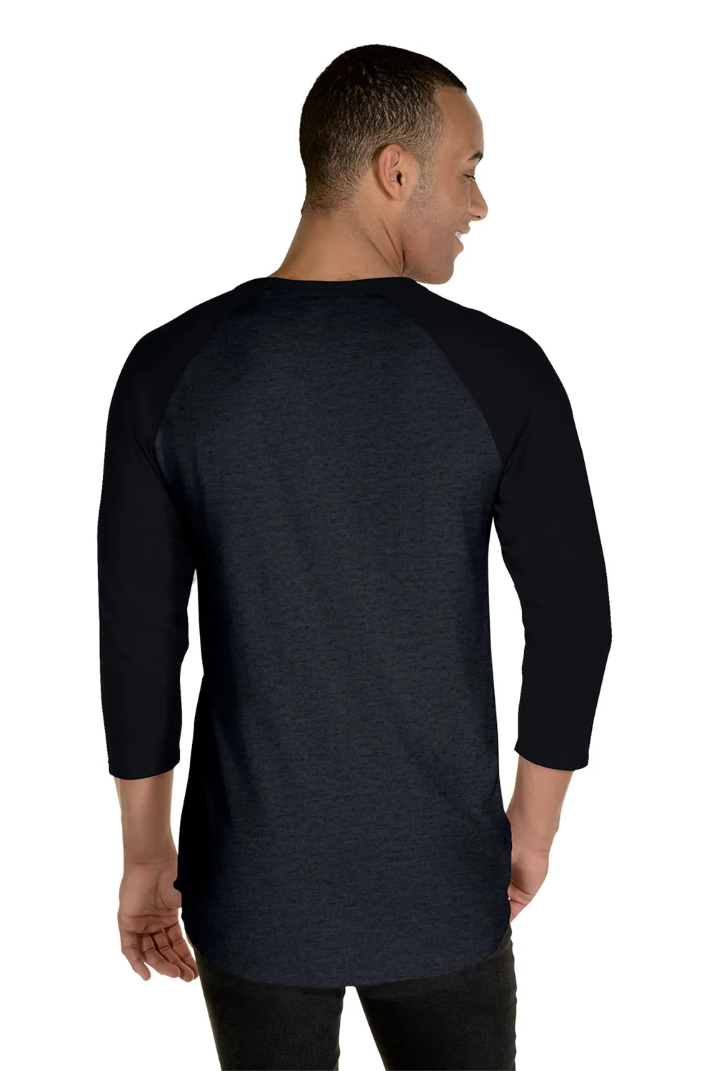 Jerzees Mens Premium Blend Baseball Moisture Wicking 3/4 Sleeve Crewneck T-Shirt - Heather Black/Black