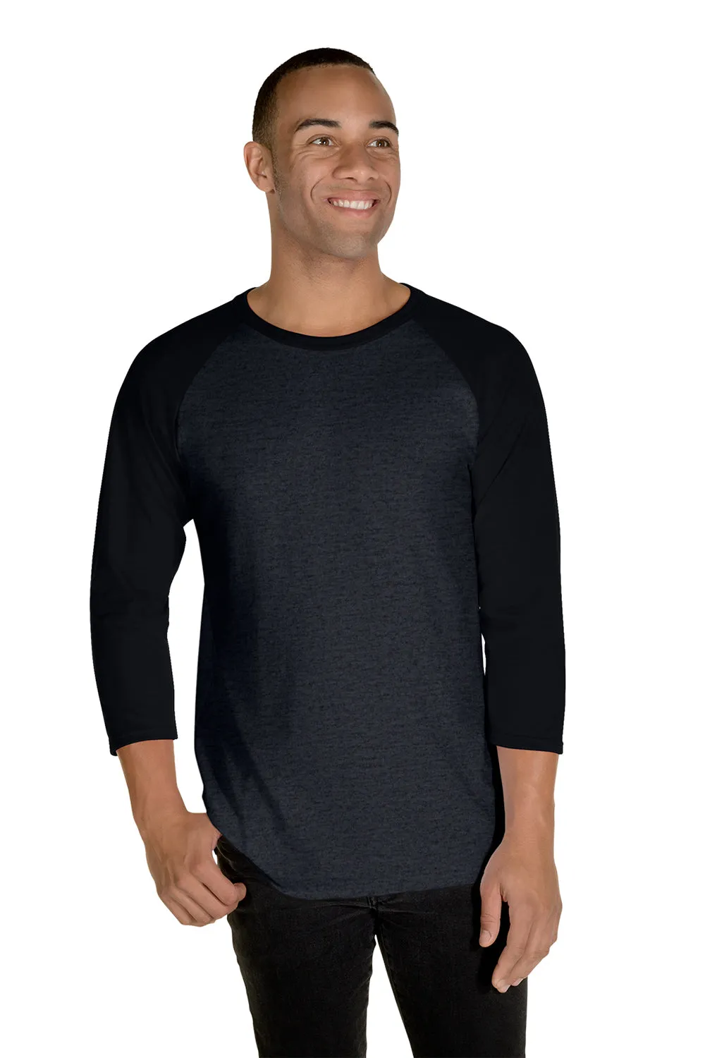 Jerzees Mens Premium Blend Baseball Moisture Wicking 3/4 Sleeve Crewneck T-Shirt - Heather Black/Black