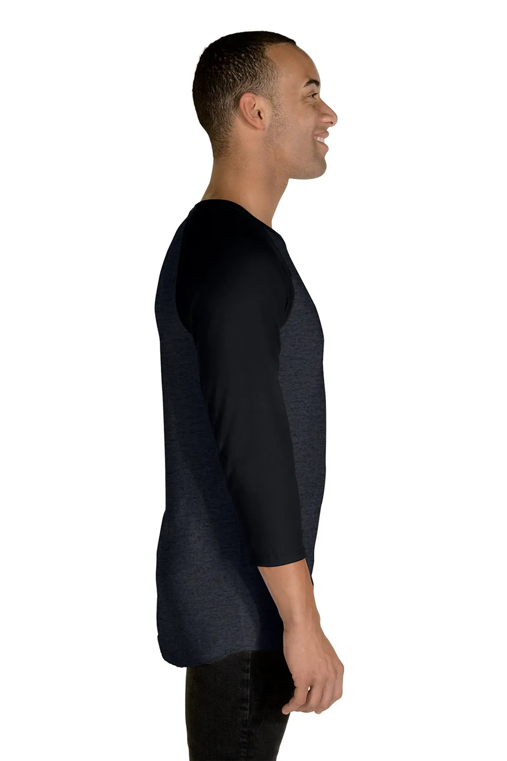 Jerzees Mens Premium Blend Baseball Moisture Wicking 3/4 Sleeve Crewneck T-Shirt - Heather Black/Black