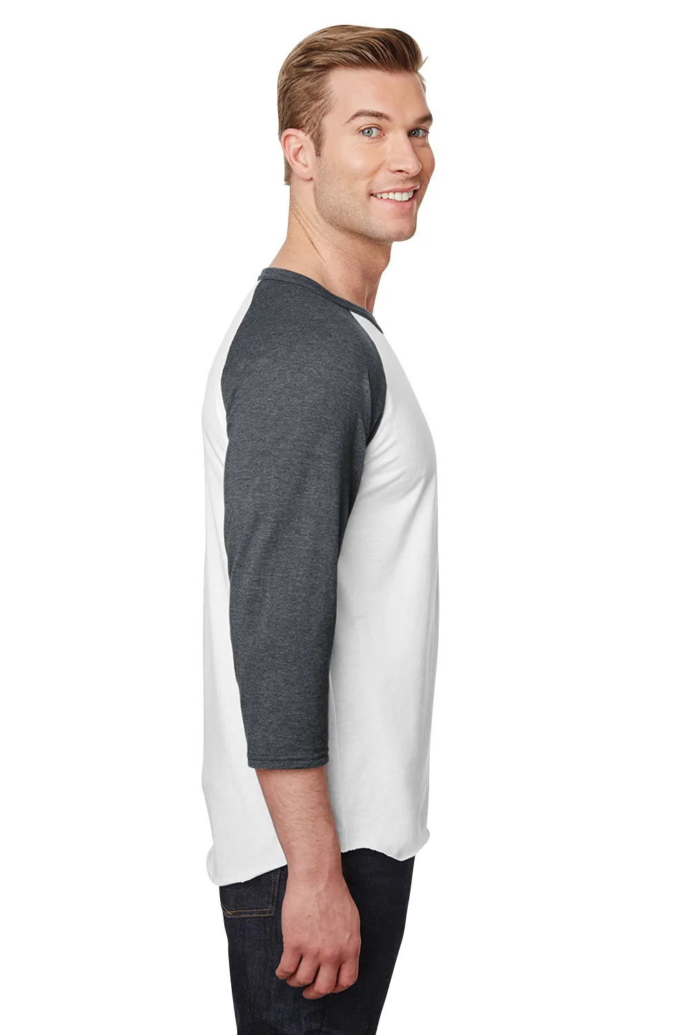 Jerzees Mens Premium Blend Baseball Moisture Wicking 3/4 Sleeve Crewneck T-Shirt - White/Heather Charcoal Grey