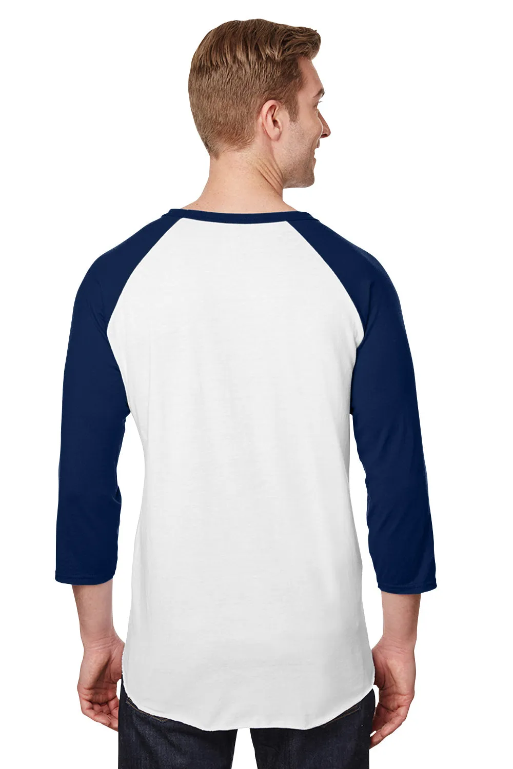 Jerzees Mens Premium Blend Baseball Moisture Wicking 3/4 Sleeve Crewneck T-Shirt - White/Navy Blue