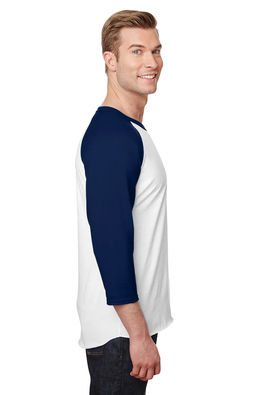 Jerzees Mens Premium Blend Baseball Moisture Wicking 3/4 Sleeve Crewneck T-Shirt - White/Navy Blue