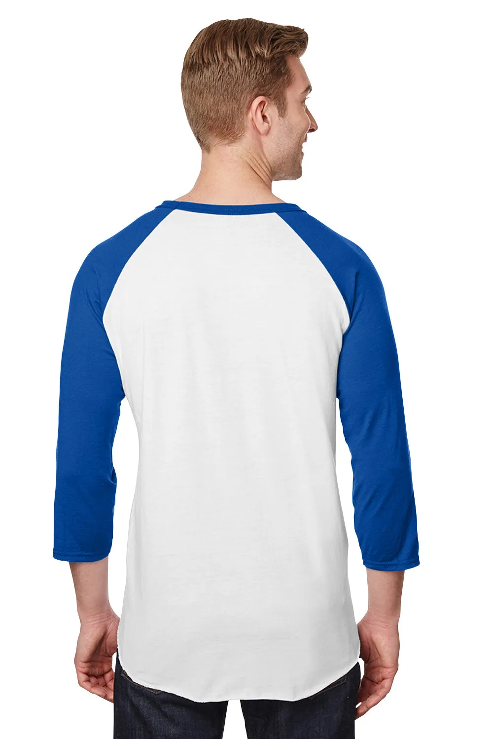 Jerzees Mens Premium Blend Baseball Moisture Wicking 3/4 Sleeve Crewneck T-Shirt - White/Royal Blue - Closeout