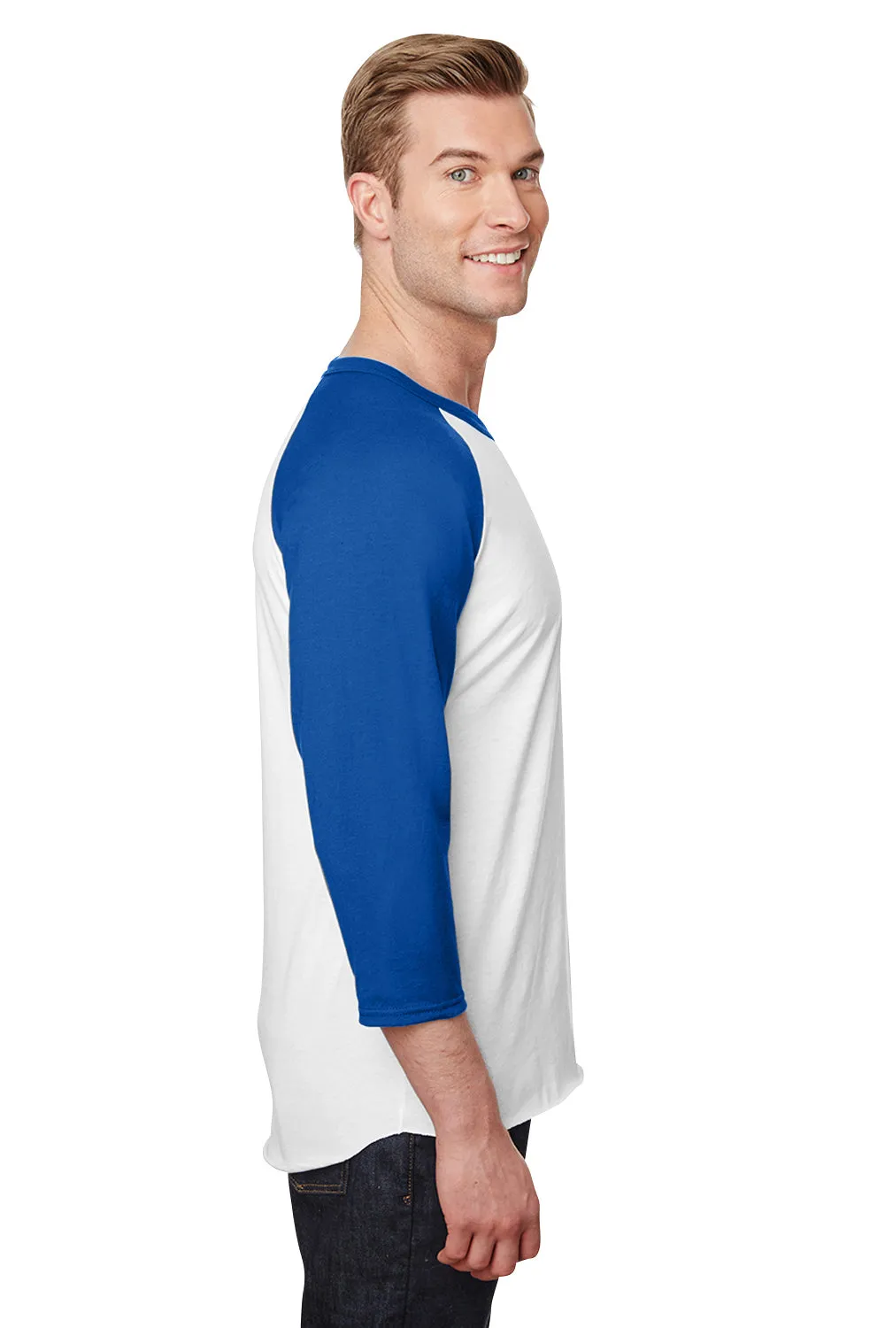 Jerzees Mens Premium Blend Baseball Moisture Wicking 3/4 Sleeve Crewneck T-Shirt - White/Royal Blue - Closeout
