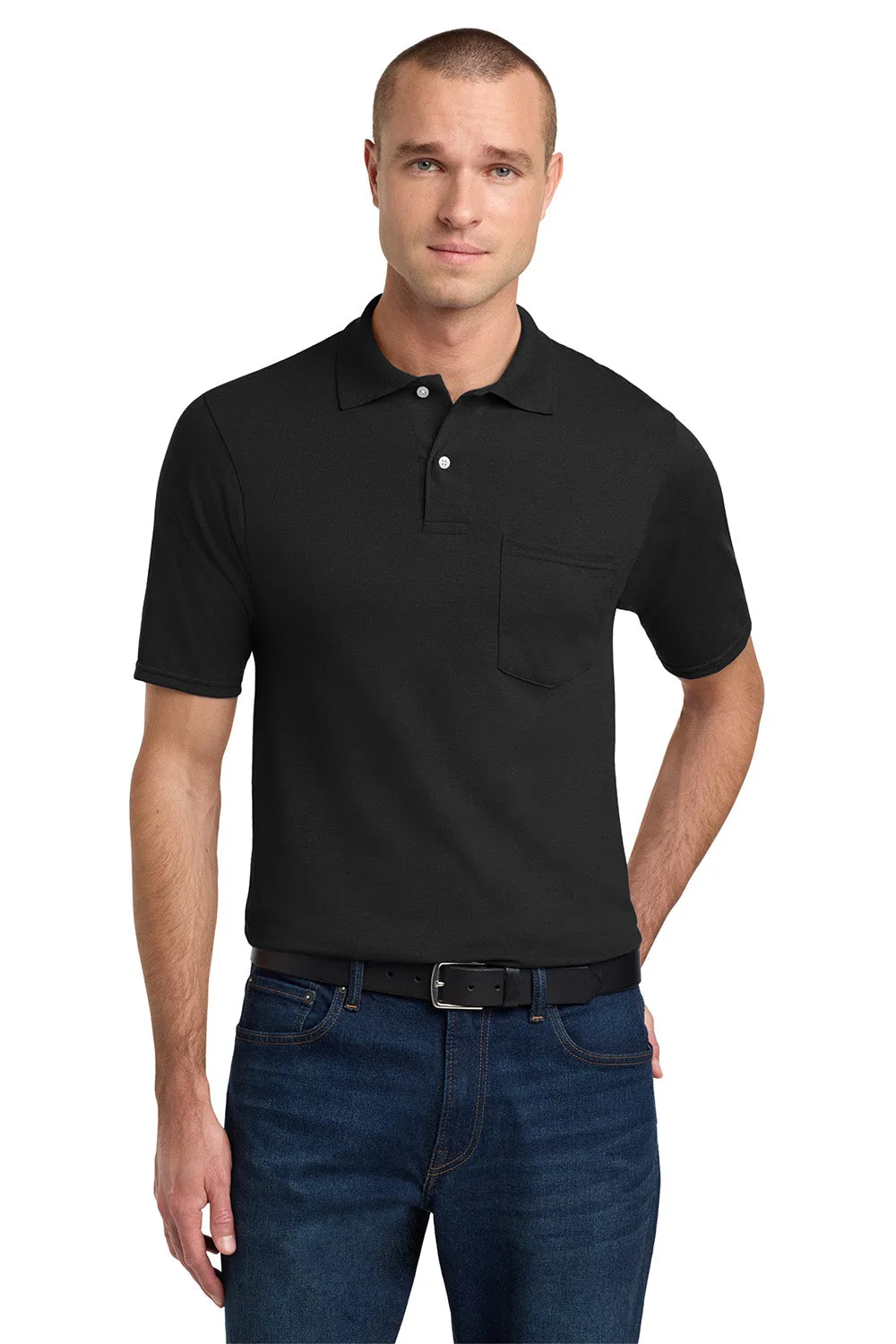 Jerzees Mens SpotShield Stain Resistant Short Sleeve Polo Shirt w/ Pocket - Black