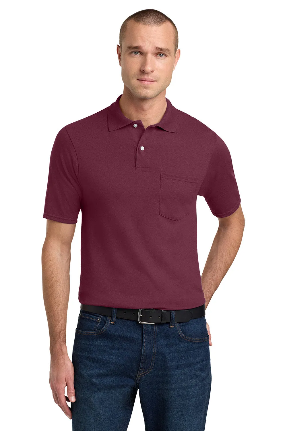 Jerzees Mens SpotShield Stain Resistant Short Sleeve Polo Shirt w/ Pocket - Maroon