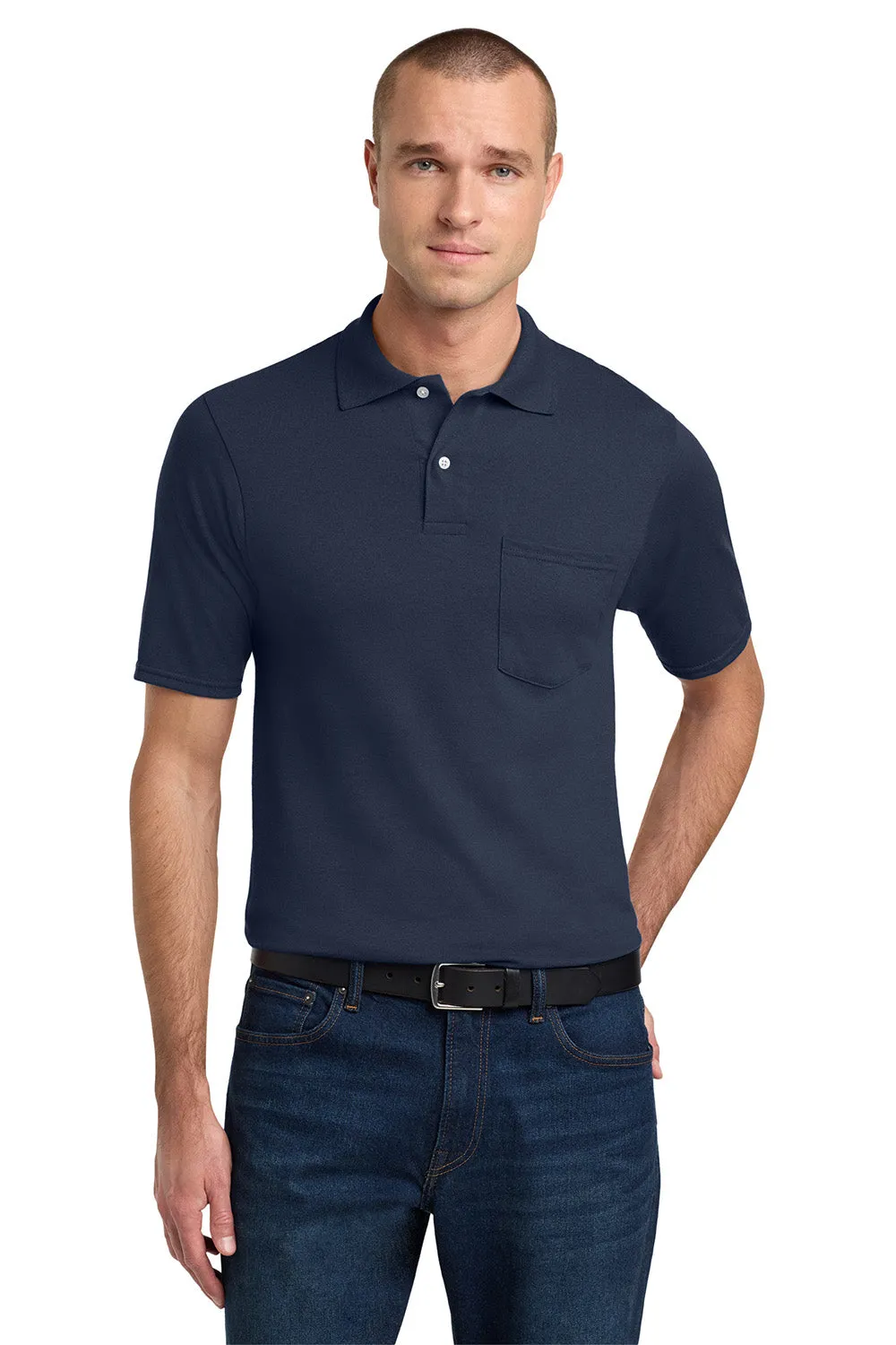 Jerzees Mens SpotShield Stain Resistant Short Sleeve Polo Shirt w/ Pocket - Navy Blue