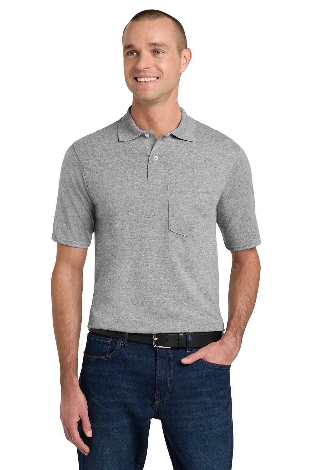 Jerzees Mens SpotShield Stain Resistant Short Sleeve Polo Shirt w/ Pocket - Oxford Grey