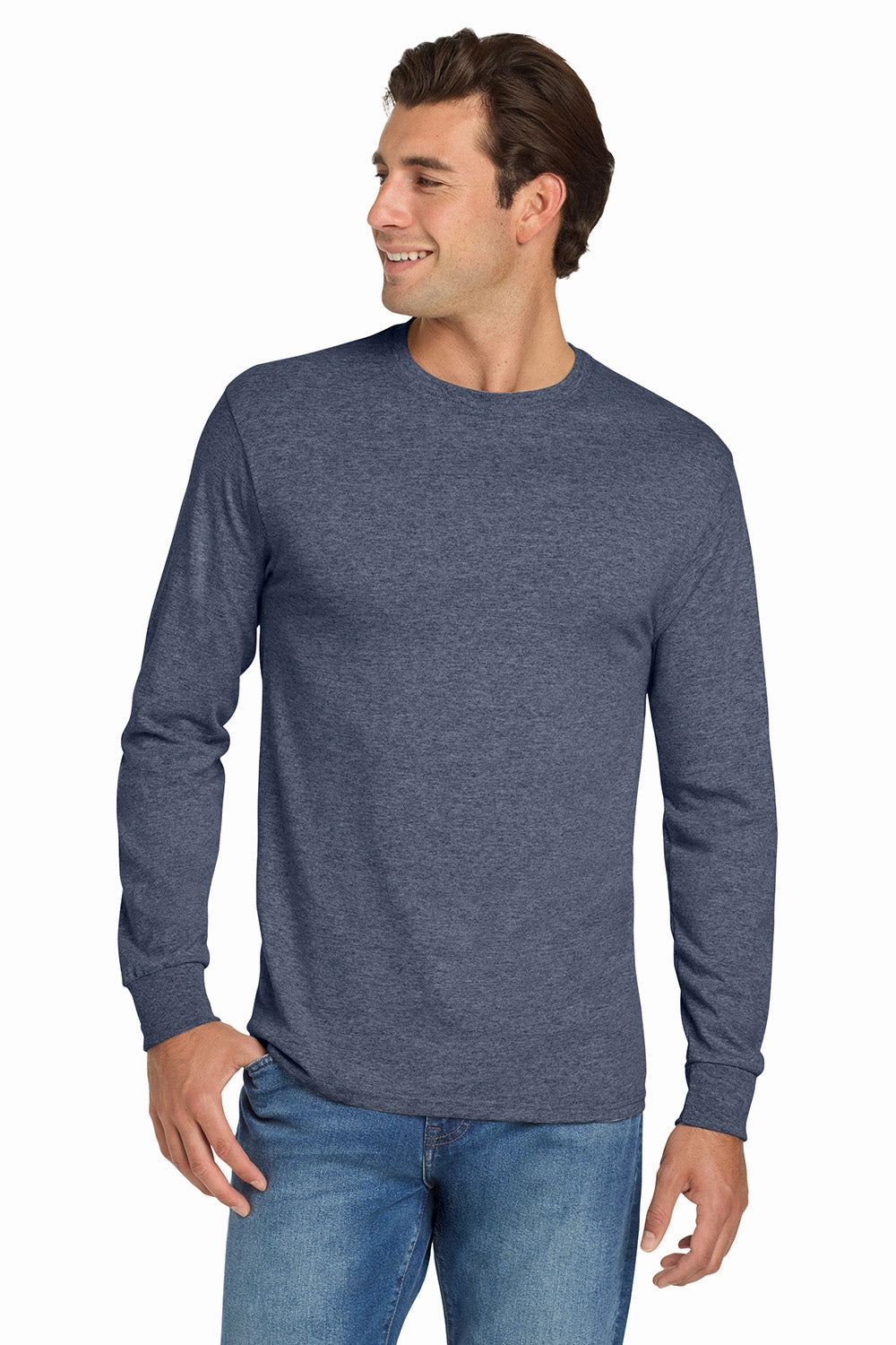 Jerzees Mens Dri-Power Moisture Wicking Long Sleeve Crewneck T-Shirt - Vintage Heather Navy Blue