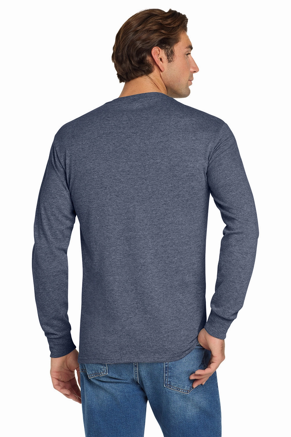 Jerzees Mens Dri-Power Moisture Wicking Long Sleeve Crewneck T-Shirt - Vintage Heather Navy Blue