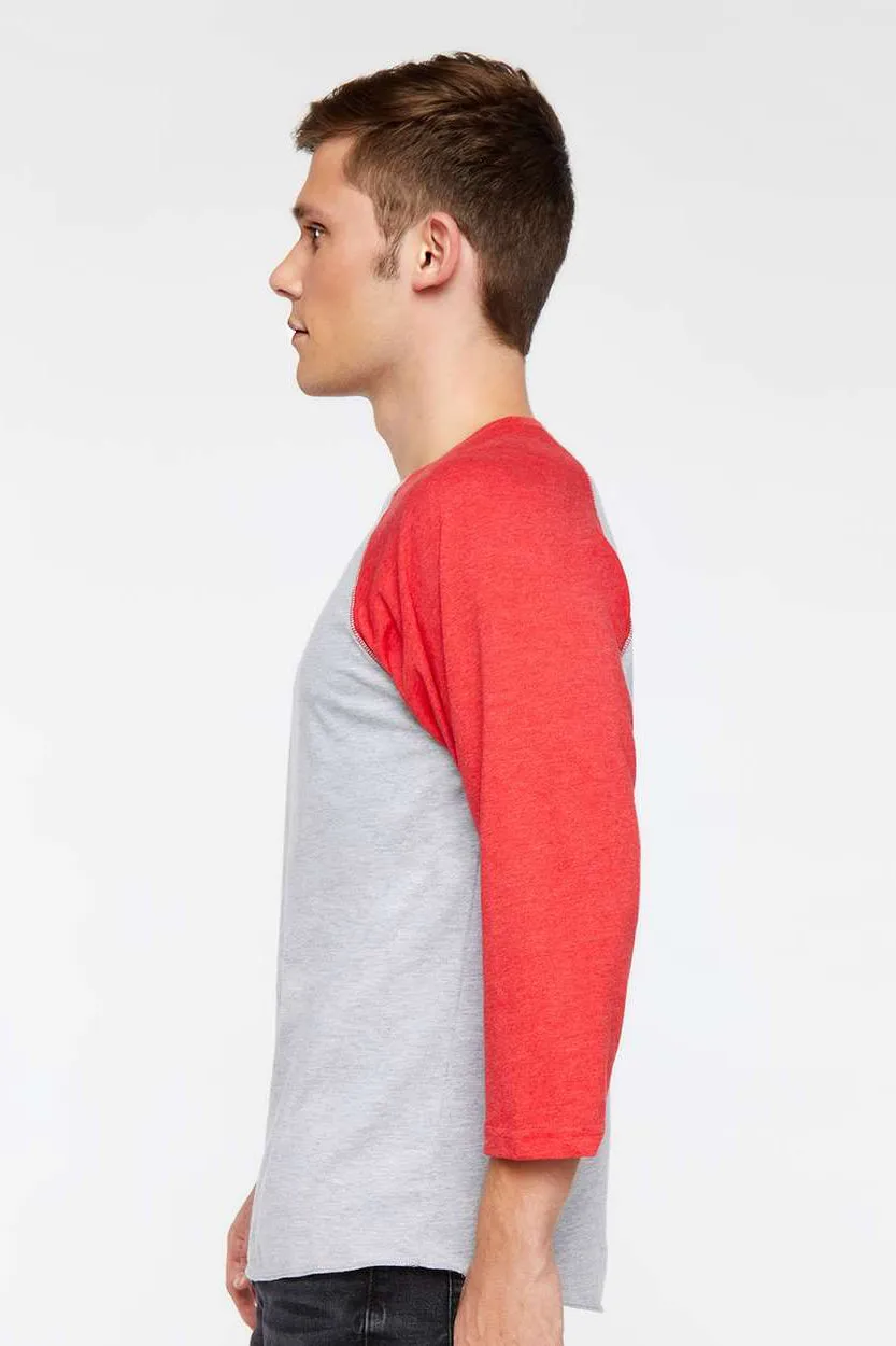 LAT Mens Fine Jersey Baseball 3/4 Sleeve Crewneck T-Shirt - Heather Grey/Vintage Red