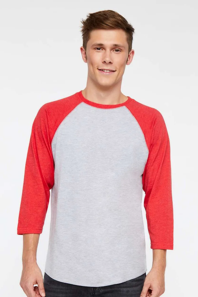 LAT Mens Fine Jersey Baseball 3/4 Sleeve Crewneck T-Shirt - Heather Grey/Vintage Red