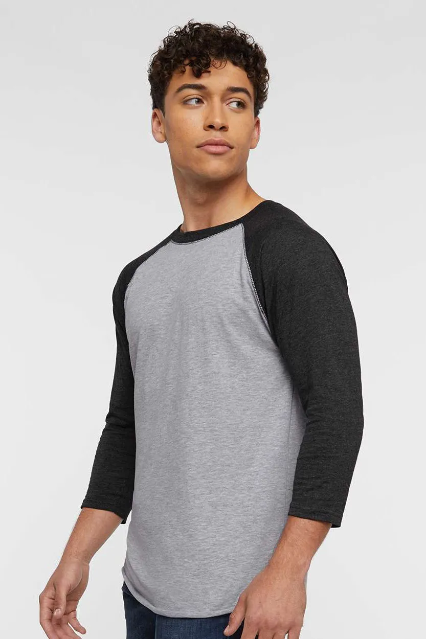 LAT Mens Fine Jersey Baseball 3/4 Sleeve Crewneck T-Shirt - Heather Grey/Vintage Smoke Grey - Closeout