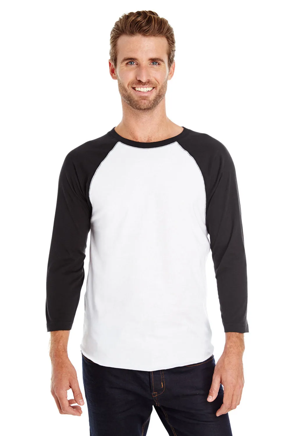 LAT Mens Fine Jersey Baseball 3/4 Sleeve Crewneck T-Shirt - White/Black