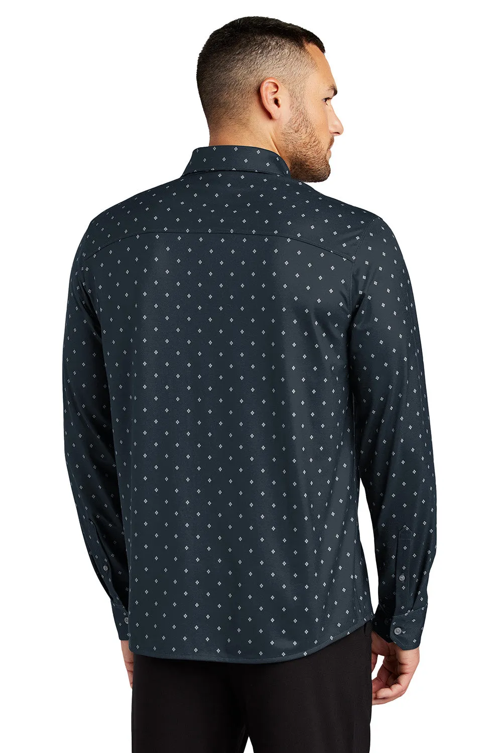 Mercer Mettle Mens Moisture Wicking Long Sleeve Button Down Shirt - Navy Blue Geo Diamond