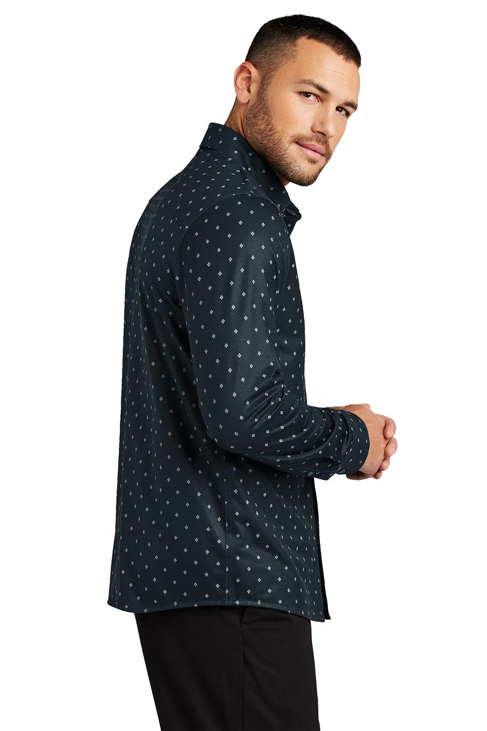 Mercer Mettle Mens Moisture Wicking Long Sleeve Button Down Shirt - Navy Blue Geo Diamond