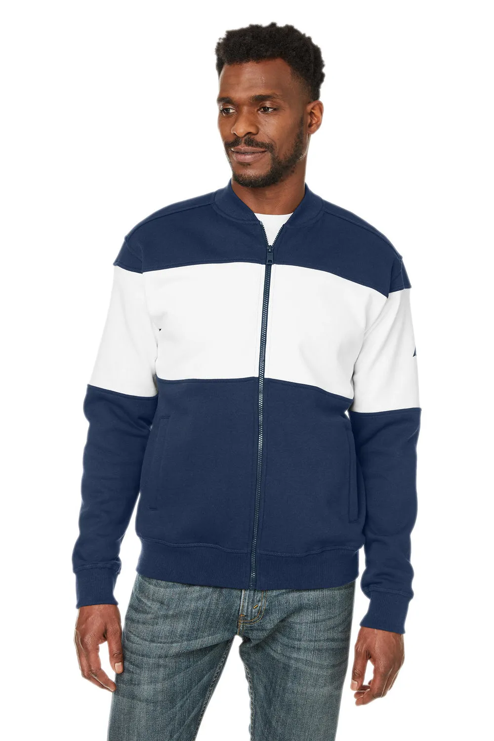 Nautica Mens Anchor Bomber Full Zip Fleece Jacket - Navy Blue/White - Closeout