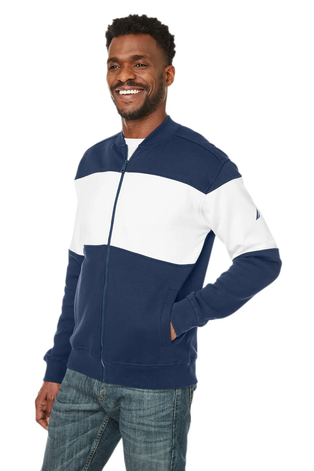 Nautica Mens Anchor Bomber Full Zip Fleece Jacket - Navy Blue/White - Closeout